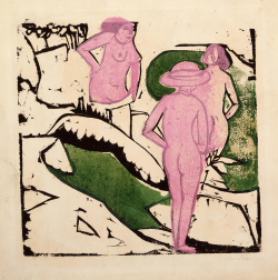 Ernst Ludwig Kirchner, Badende Frauen zwischen weißen Steinen, 1912, Farbholzschnitt, Brücke-Museum Berlin