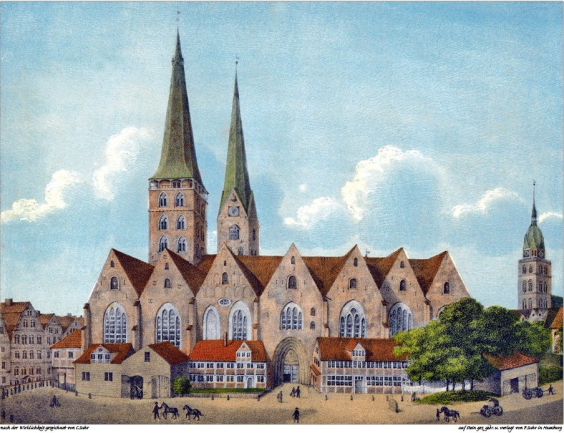 Hamburger Dom um 1800 mit den Türmen von St. Petri und St. Jacobi. Lithographie von P.Stuhr nach einer Zeichnung von C.Stuhr.